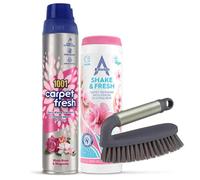 LUNEXA Bundle Kit - Carpet Freshener Set with 1001 Carpet Fresh Spray, Astonish Shake & Fresh Powder & Cleaning Brush - Odour Eliminator, Long Lasting Freshness, Pet & Household Carpet Care