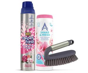 LUNEXA Bundle Kit - Carpet Freshener Set with 1001 Carpet Fresh Spray, Astonish Shake & Fresh Powder & Cleaning Brush - Odour Eliminator, Long Lasting Freshness, Pet & Household Carpet Care