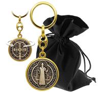 Lunexus Benedict Keyring - Blessed - St. Benedict Medal with Embossing and Double-Sided Design - Gift with Velvet Bag - Protective Symbol for Car, Home & Travel - Gold & Colourful, Gold / grey, One