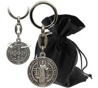 Lunexus Benedict Silver Keyring - Blessed - St Benedict Medal 8 cm with Embossing - Protective Symbol for Car & Home - Gift with Velvet Bag - Catholic Consecration Confirmed, Gold / grey, 8cm