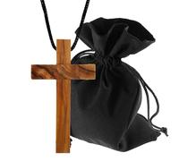 Lunexus Cross Pendant Simple Olive Wood Handmade in Bethlehem with Black Ribbon 80 cm and Velvet Bag Blessed with Certificate Necklace Religious Gift Christening Communion