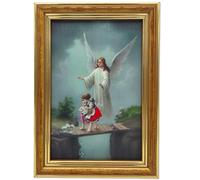 Lunexus Guardian Angel Picture 12 x 17 cm with Wooden Frame & Real Glass - Catholic Blessed - Motif Angel Protects Two Children on Bridge - Wall Picture for Christening Birth Communion Children's Room