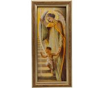 Lunexus Guardian Angel Picture Angel Leads Child Up the Stairs - According to Hans Zatzka - Gift for Christening Communion Children's Room - Blessed with Certificate - Real Glass Wooden Frame 25 x 12