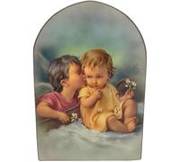 Lunexus Guardian Angel Picture Wooden Plaque Angel Children with Daisies 13.5 x 8.5 cm - Blessed Wall Picture Matte Lacquered - Vintage Zatzka Motif - Christening Gift Godfather Gift Baby Room Nursery