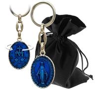 LUNEXUS Keyring Holy Mary - Blessed - Virgin Mary Spread Arms & M Cross with Heart of Jesus - Christian Protection Pendant - Mary Picture & Cross for Bag, Keychain & Gift, silver/blue, 9 cm