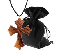 LUNEXUS Natural Brown Olive Wood Cross Pendant Necklace Handmade Bethlehem Blessed with Cord Velvet Pouch Certificate Gold Ring Christian Wood Jewellery Unisex Gift Religious Pendant