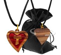 Lunexus Necklace Heart Pendant Olive Wood Rope Cross Red Handmade in Bethlehem Blessed with 50 cm Cord Natural Brown Gold-Coloured Ring Approx. 2.5 x 2.3 cm Velvet Bag and Certificate