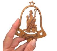 Lunexus Olive Wood Bell Holy Family Pendant - Handmade from Bethlehem - Blessed Christmas Tree Ornament and Holy Land Gift Tag - Includes Gold & Silver Ribbon with Certificate