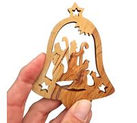 Lunexus Olive Wood Bell Holy Three Kings Pendant - Handmade from Bethlehem - Blessed Christmas Tree Decoration and Gift Tag from the Holy Land - Includes Gold & Silver Ribbon and Certificate