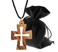 Lunexus Olive Wood Byzantine Cross Pendant Handmade in Bethlehem with Black Ribbon 80cm and Velvet Bag Blessed with Certificate Necklace Gift Christening Communion