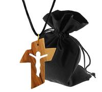 Lunexus Olive Wood Cross Necklace with Christ Figurine - Handmade Bethlehem - Christian Pendant Blessed with Certificate - Symbol Sacrifice Salvation Faith Includes 80cm Ribbon and Velvet Pouch Gift