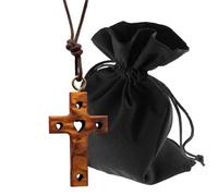 Lunexus Olive Wood Cross Necklace with Heart Symbol - Handmade Bethlehem - Christian Pendant Blessed with Certificate - Cord with Three Knot Trinity Includes 80cm Ribbon and Velvet Pouch