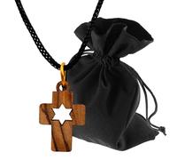 Lunexus Olive Wood Cross Necklace with Star of David - Handmade Bethlehem - Christian Pendant Blessed with Certificate - Old New Testament Symbol Including 80cm Ribbon and Velvet Pouch Gift