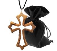 Lunexus Olive Wood Cross Pendant Handmade from Bethlehem with Black Ribbon 80 cm and Velvet Bag Blessed with Certificate Religious Necklace Gift Christening Communion Confirmation