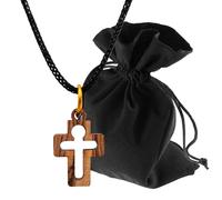 Lunexus Olive Wood Cross Pendant with Christ Figurine Handmade in Bethlehem with Black Ribbon 80 cm and Velvet Bag Blessed with Certificate Necklace Gift Christening Communion
