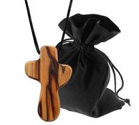 Lunexus Olive Wood Cross Simple Necklace - Handmade Bethlehem - Christian Pendant Blessed with Certificate - Symbol Faith Hope Consolation Includes 80cm Ribbon and Velvet Pouch Gift