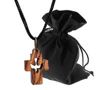 Lunexus Olive Wood Cross with Dove Necklace - Handmade from Bethlehem - Christian Pendant Blessed with Certificate - Holy Spirit Peace Symbol Including 80cm Ribbon and Velvet Pouch Gift