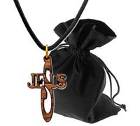 Lunexus Olive Wood Jesus Cross Pendant Necklace Handmade in Bethlehem Blessed with 80cm Cord Natural Brown Gold Ring with Velvet Pouch and Certificate