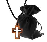 Lunexus Small Olive Wood Cross Pendant Handmade in Bethlehem with Black Ribbon 80 cm and Velvet Bag Blessed with Certificate Subtle Necklace Gift Christening Communion