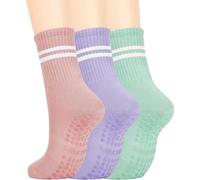 LungDongQuest Yoga Pilates Sock For Women (Size 5-9),Non Slip Socks for Home Bedroom,Ballet,Dance,Gym Workout Anti Skid Crew Socks, Pink+Green+Purple
