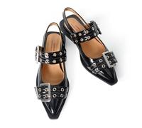 Lunhonk Slingback Flats Ballerinas Flats Buckle Ballet Flats for Women Wide Welt Squared Block Heel Dress Shoes, Black, 9.5