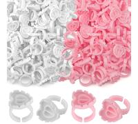 Lunhoo 200 Pcs Glue Rings for Eyelash Extension, Disposable Heart- Shaped Lash Glue Ring, Blossom Cup for Lash Techs, Brow Tattoo Artists, Beauty Salons, White and Pink