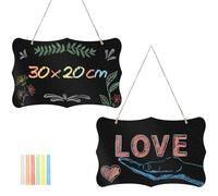 Lunhoo Black Chalk Boards, Chalkboard Signs, Double-Sided Wooden Hanging Outdoor Chalkboards with String and Color Chalks for Memos, Welcome Signs, Shop Decoration, 30 x 20 cm, 2 Pcs