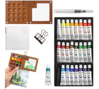 Lunhoo Mini Watercolor Paint Set Travel, Portable Pocket Watercolor Kit, 15 Grid Wood Palette, 24 Colors Pigment, Sketch Book, Water Brush and Metal Clip, Art Set Gift for Paint Beginners, Enthusiast