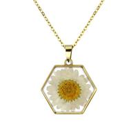 Lunhoo Real Daisy Necklace, Resin Pressed Real Flower Pedant Necklace for Women, Girls, Daisy Gift Handmade Jewelry (Hexagon)