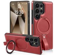 Lunivop Compatible with Samsung Galaxy s25 Ultra Case 6.9 '' 2025 Grip Strap Lanyard Leather Ring Holder Kickstand 【Compatible with Magsafe】 Women Man Magnetic Phone Cases Red