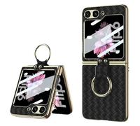 Lunivop Compatible with Samsung Galaxy Z Flip 6 Case 【Ring Holder Stand】 Woven Leather Cover Built in Small Screen Protector Camera Women Men Kickstand Phone Case for ZFlip 6 2025 (Black)