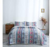 Lunoroey Bedspread Double Size Quilted Bedspread Blue Bohemian Coverlet Sets Light Blue Floral Striped Patchwork Quilt Bed Spread Bed Throws With 2 Pillowcases for All Seasons