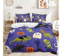 Lunoroey Kids Halloween Bedding Set King Size Kids Boys Girls Duvet Cover Set Halloween Room Decor Cartoon Goast Pumpkin Dinosaur Bat Print Bedding Set Purple