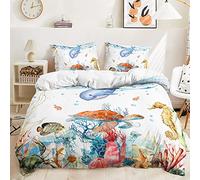 Lunoroey Ocean Duvet Cover Single Size Bed Turtle Whale Sea Horse Coral And Sea Animals Printed Bedding Set with Pilowcase Soft Easy Care Quilt Cover Set