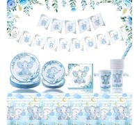 Lunriwis Elephant Boy Baby Shower Party Tableware Set, Baby Shower Gender Reveal Plates Set Decorations, Baby Elephant Boy Baby Shower Plates Cups Napkins Straws Banner for 20 Guests, CY7035