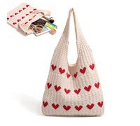 Lunyloer Knitted Shoulder Bag, 38 x 35 cm, Knitted Bag, Crochet Bag, Tote Bag, Heart-Shaped Beach Bag, Shoulder Bag, Woven Bag, Crochet Bag for Teenagers and Girls, Heart-Shaped Fashion, Red heart, 28
