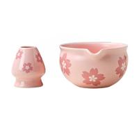 LuobannmTea Bowl for Table 2 Pieces Traditional Japanese Matcha Bowl and Whisk Holder for Table Tea Ceremony Party Gift Pink Flowers