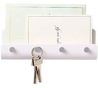 LuoCoCo Plastic Mail Key Holder for Wall, Modern U Shape Letter Shelf Organizer with 4 Hooks and 2 Self Adhesive Tape for Entryway Kitchen Bathroom Office Holding Phones Purse Masks White/Grey (White)