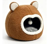 Luocute Cat Bed with Fluffy Ball Hanging for Indoor Cats, Reversible Bear Cave with Soft Teddy Fleece, Machine Washable Plush House for Kitten Puppy (M)