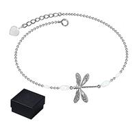 LUOCY Vintage Silver Dragonfly Anklet With Pearl, Adjustable Dragonfly Ankle Link Chain Anklets Insect Jewelry Gifts Women Girls