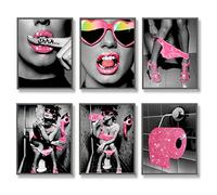 Luodroduo Fashion Wall Art Bathroom Decor Prints Set of 6 Pink Glam Glitter Tissue Canvas Posters Pictures Photos Funny Modern Women Bathroom Toilet Artwork Wall Black and White (8"x10" UNFRAMED)