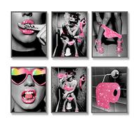 Luodroduo Fashion Wall Art Bathroom Decor Prints Set of 6 Pink Glam Glitter Tissue Canvas Posters Pictures Photos Funny Modern Women Bathroom Toilet Artwork Wall Black and White (11"x14" UNFRAMED)