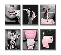 Luodroduo Fashion Wall Art Bathroom Decor Prints Set of 6 Pink Glam Glitter Tissue Canvas Posters Pictures Photos Bathroom Artwork Wall Black and White Modern Women Funny Bathroom (11"x14" UNFRAMED)