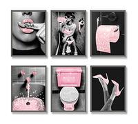 Fashion Wall Art Bathroom Decor Prints Set of 6 Pink Glam Glitter Tissue Canvas Posters Pictures Photos Bathroom Artwork Wall Black and White Modern