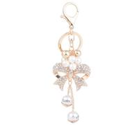 LUOEM Crystal Bow Keyring with Pearl Bag Pendant Key Ring for Women Beige Keychain with Bow for Handbag Backpack Car Keychain and Gift