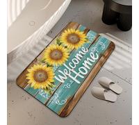LUOENY Non-Slip Bath Mat 75x43 cm, Absorbent Quick Drying Thin Bathroom Mat for Bathtub Side Floor, Easy to Clean, Sunflower Welcome