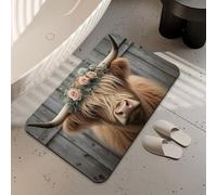 LUOENY Non-Slip Bath Mat 75x43 cm, Absorbent Quick Drying Thin Bathroom Mat for Bathtub Side Floor, Easy to Clean, Highland Cow Floral Crown