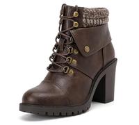 Luoika Ladies Wide Combat Boots - Extra Wide Wide High Heel Side Zip Slouchy Ankle Boots Short Booties, Brown 205, 8.5 UK