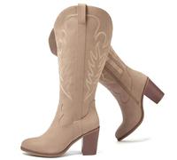 Luoika Women's Extra Wide Calf Cowboy Knee High Boots，Wide Width Cowgirl Boots Chunky Pump Heel Plus Size Western Tall Boots., Beige 701, 13 X-Wide