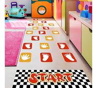 Luojuny Footprint and Palm Lattice Floor Sticker Wall Decals, Self-adhesive Funny Hopscotch Game Wall Sticker, Lattice Floor Sticker Decals for Kids Bedroom, Nursery, Ground Corridor Decor Red Orange